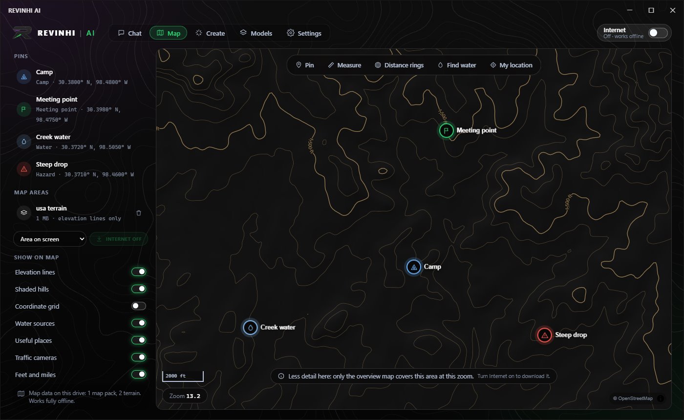 RevinHi AI's offline topographic map with elevation lines and pins for a camp, a meeting point, a creek and a hazard